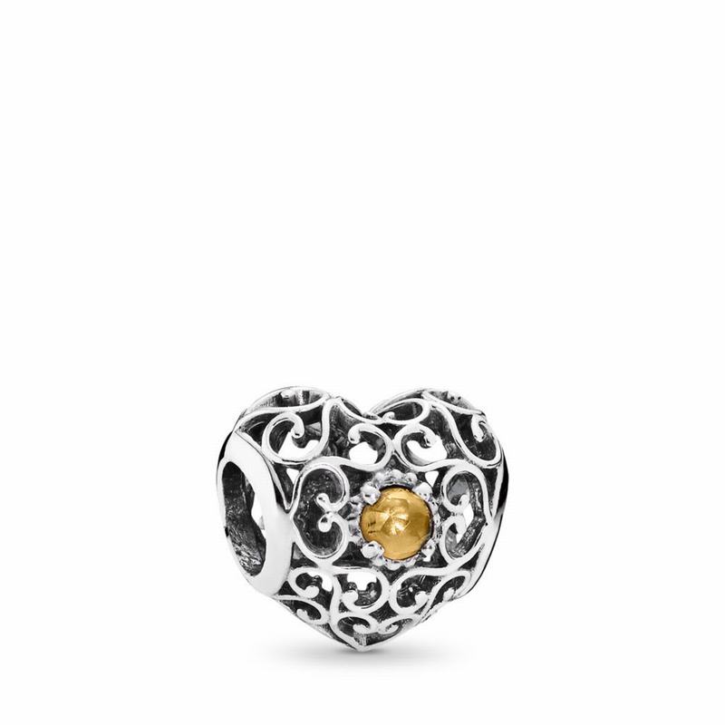 Pandora November Signature Heart Charm Ireland - Sterling Silver/Yellow/Citrine - 140829QGY